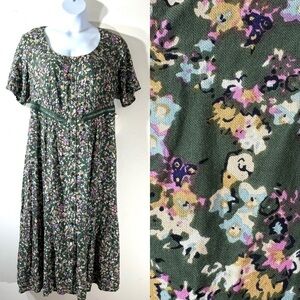 Cottage core Green Floral button front ruffle maxi dress with velvet trim